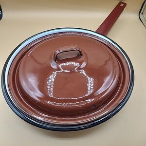 French Brown Enamel Fry Pan MCM 24 cm 1960s Frying Cooking Enamelware Vintage